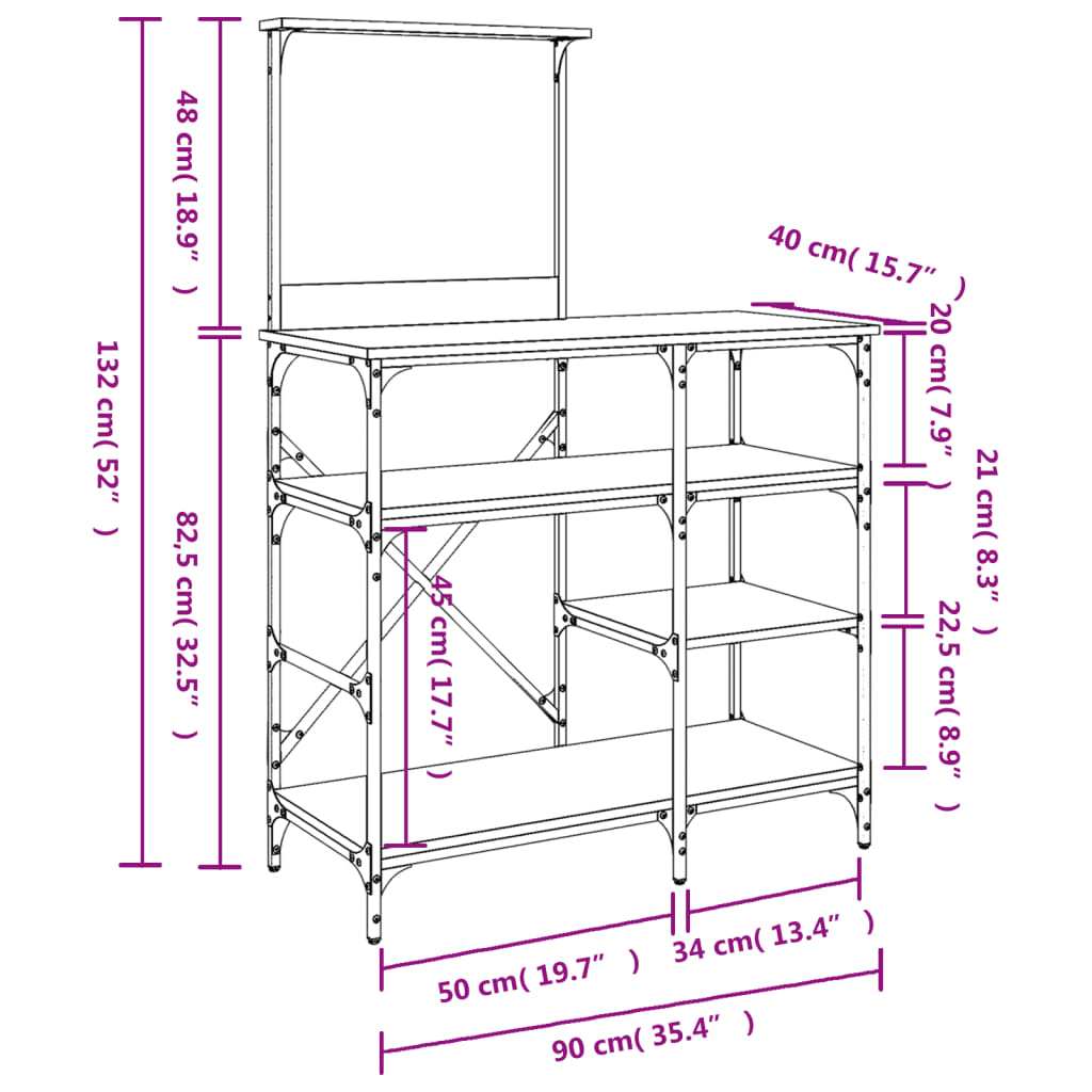 Baker s Shelf Smoked Oak 90x40x132 cm Wood Based Material and Metal