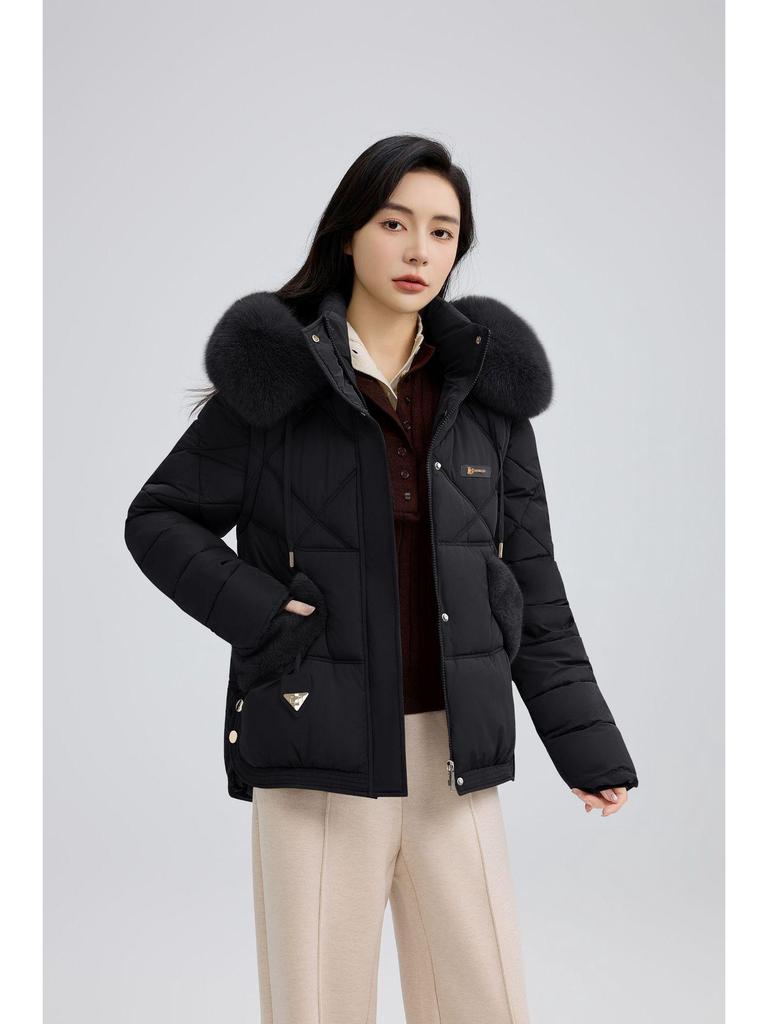 Korte Dameskatoenen Jas met Grote Bontkraag - 2025 Winter Koreaanse Stijl Slim Fit Jas