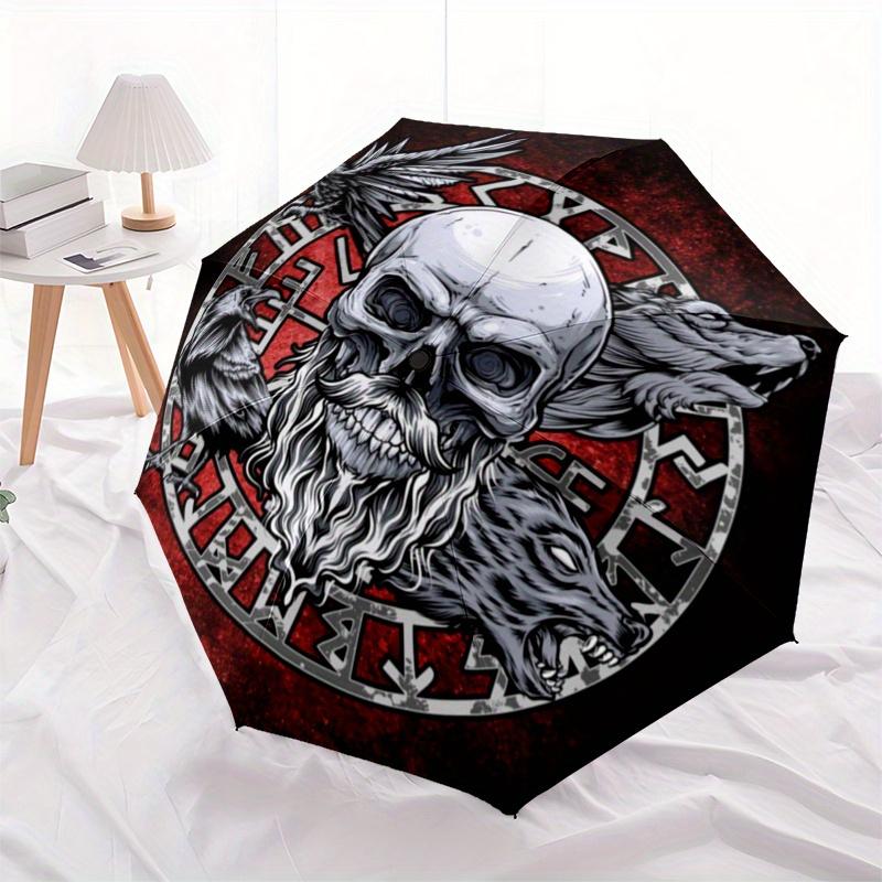 Viking Skull with Ravens and Wolves Circle StickerUmbrella, Portable 3-Fold Compact Umbrella,Christmas Gift ES626