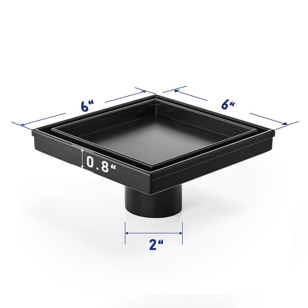 Bathroom Black Stainless Steel 6x6 Tile Insert Floor Drain Hidden Style with Free US Delivery