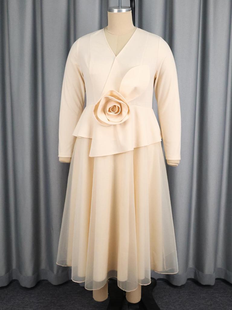 Plus Size Women's Elegant V-Neck 3D Floral Long Sleeve Ruffled Party Dress