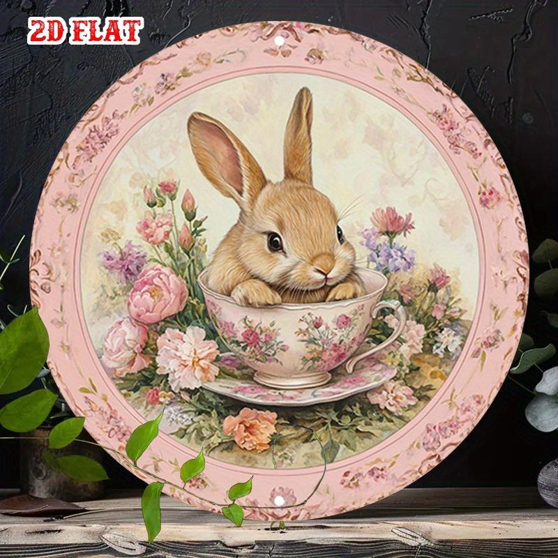 Adorable Rabbit Floral Teacup Tin Sign Xin Frameless Aluminum Wall Art Decor for Living Room