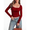 Women's Square Neck Long Sleeve Slim Fit Contrast Trim Ribbed Knit Basic Tee Fashion Crop Top