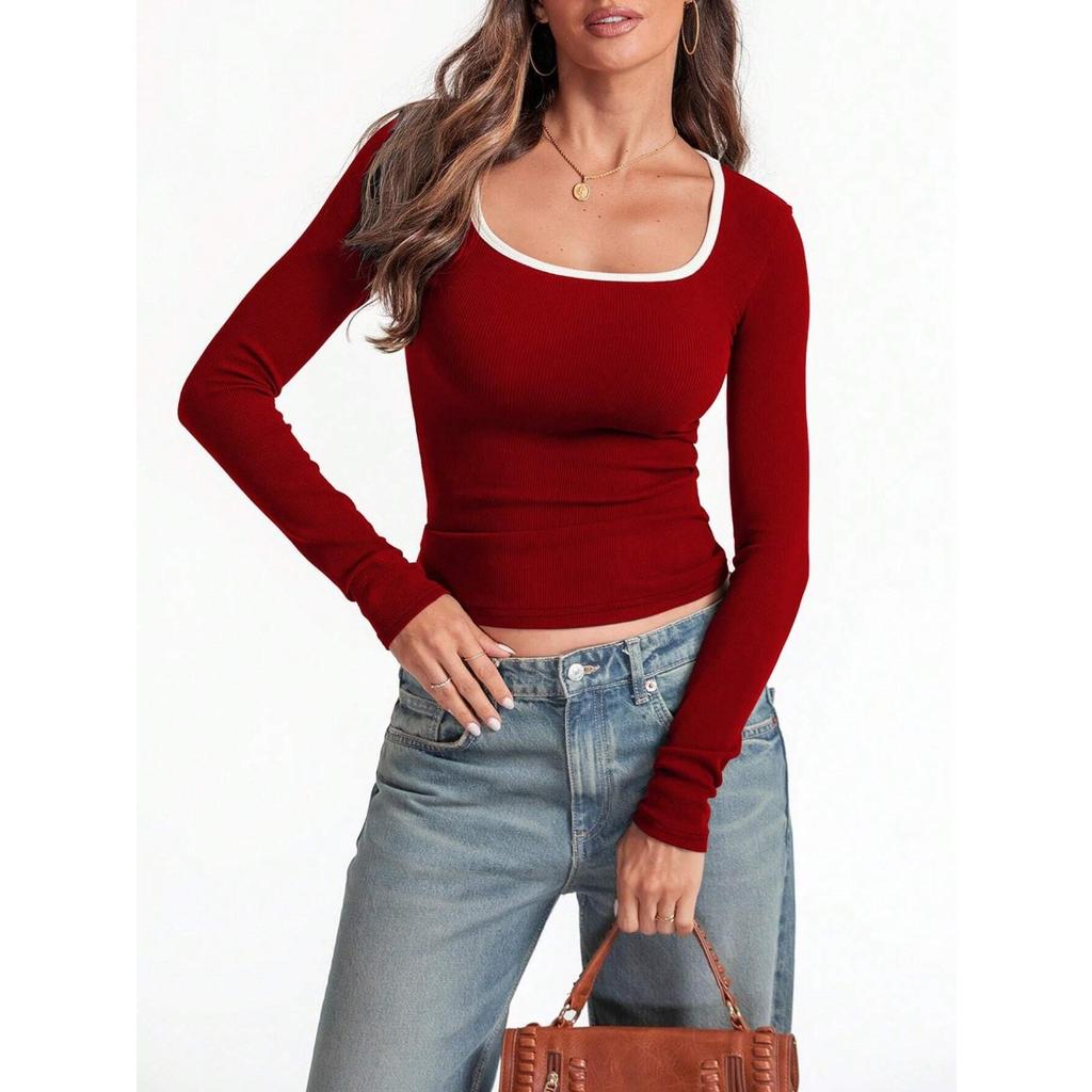 Women's Square Neck Long Sleeve Slim Fit Contrast Trim Ribbed Knit Basic Tee Fashion Crop Top
