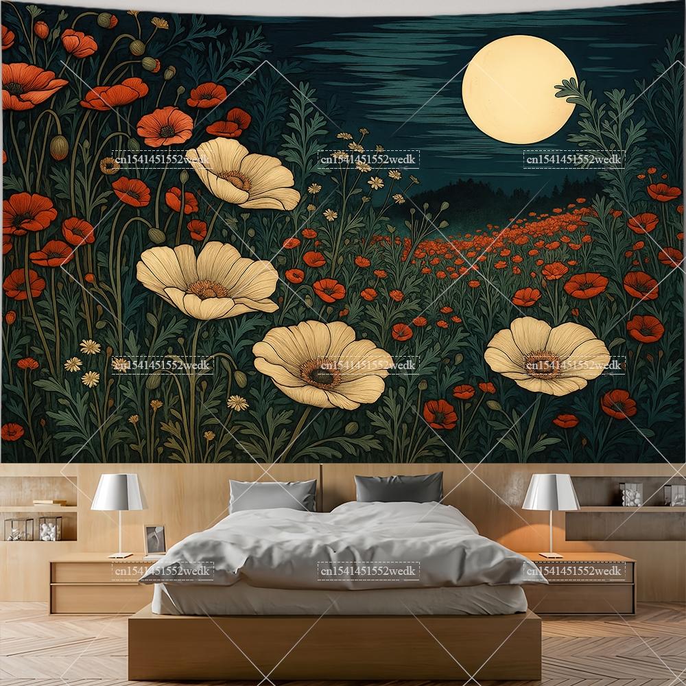 Wildflowers Tapestry Wall Hanging Garden Floral Botanical Tapestries Room Deocr Red Poppies Scenery Photography Background Cloth