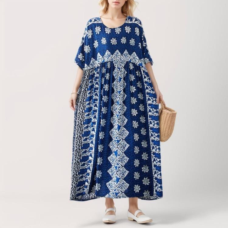 Neues Sommerliches Blumen-Maxikleid für Damen Übergröße Vintage-Stil Locker O-Ausschnitt Kurzarm Urlaubs-Kleid