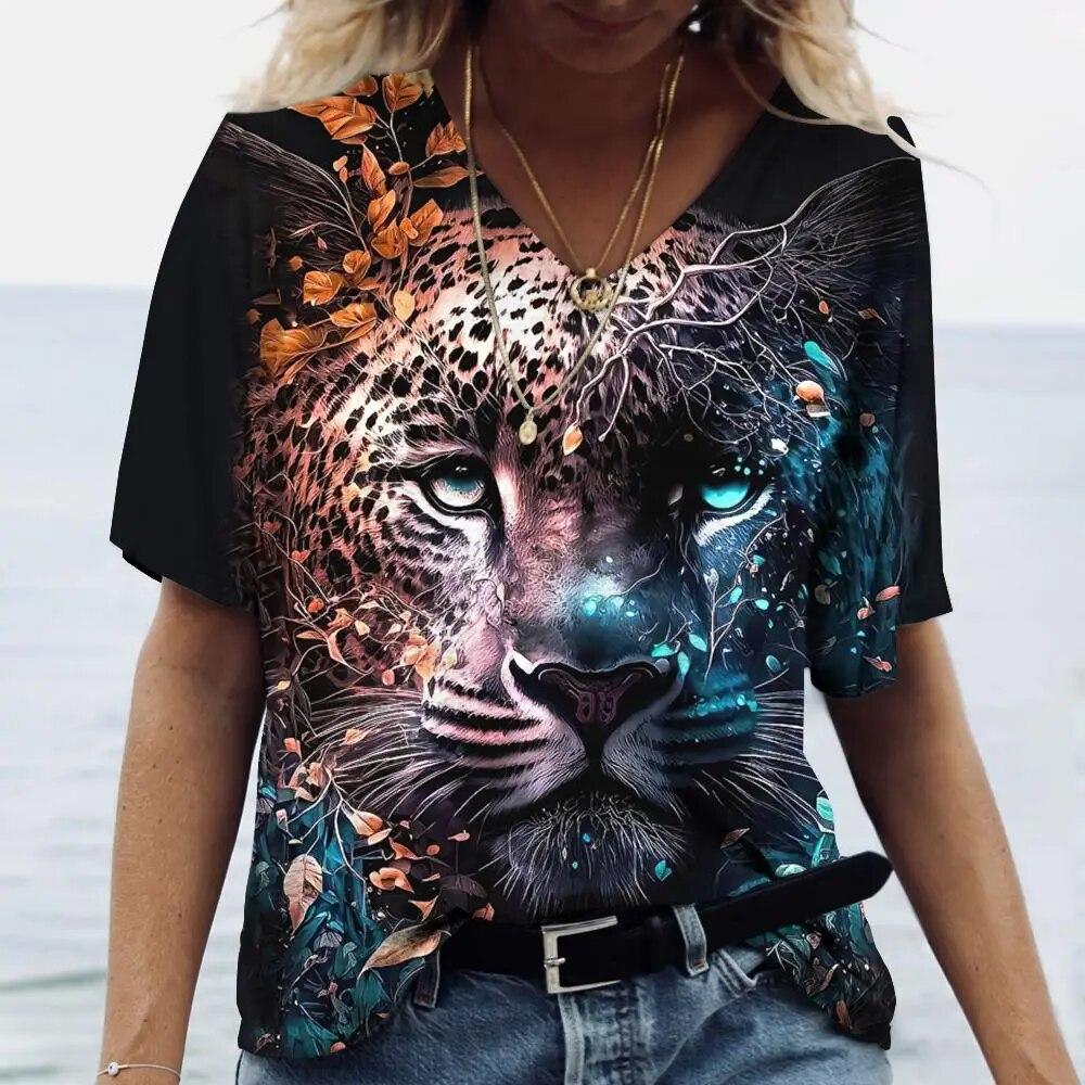 Summer V-neck 3D Animal Pattern Printed Top Fashionable Casual Short Sleeved Women's T-shirts