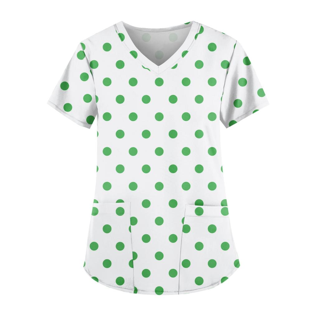 Plus Size Printed Scrub Working Uniform Tops For Women's V-Neck Short Sleeve Fun T-Shirts Workwear Tee With Pockets