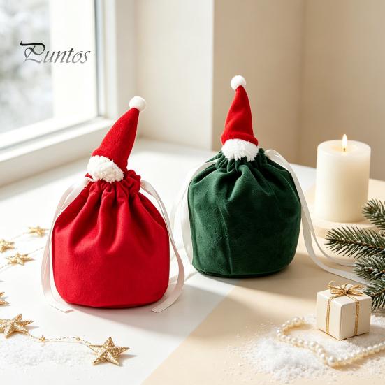 Velvet Christmas Gift Bags Drawstring with Santa Hat, Reusable Xmas Goodie Sacks, Festive for Friends Candy Apple Treat Pouch Eve Giving, Party Favors