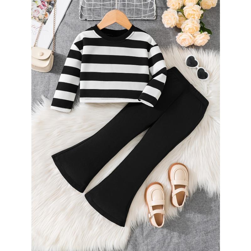 

Модный полосатый кроп-топ для девочки + комплект черных расклешенных брюк на весну, осень и зиму, идеально подходит для улицы 120cm