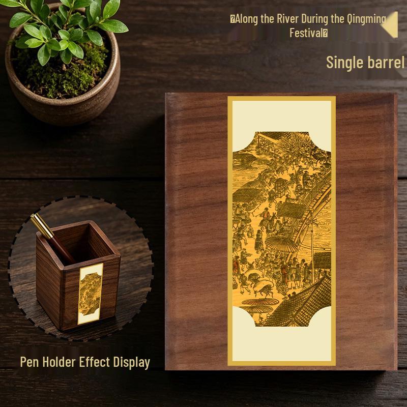 Chinese Solid Wood Pen Holder: Premium Desktop Ornament & Corporate Gift In Elegant Gift Box