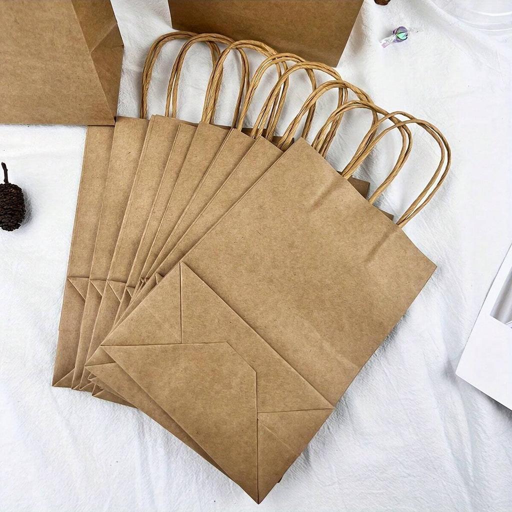 10pcs - khaki kraft paper bag with handle, durable and reusable - perfect for weddings and parties, suitable for storage