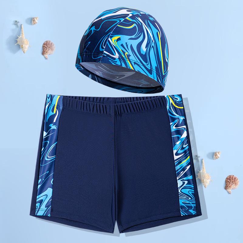 Kids' Cartoon Print Swim Set: Boys' Boxer Trunks & Cap