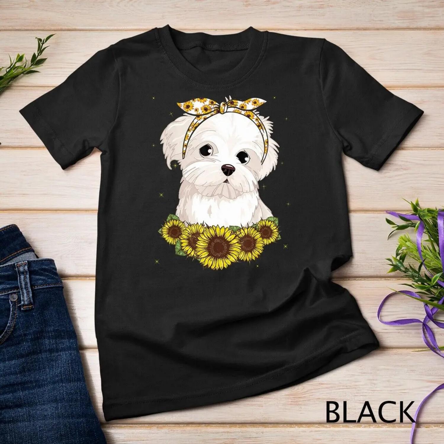 Girls Women Mom Maltese Dog Sunflower T Shirt S