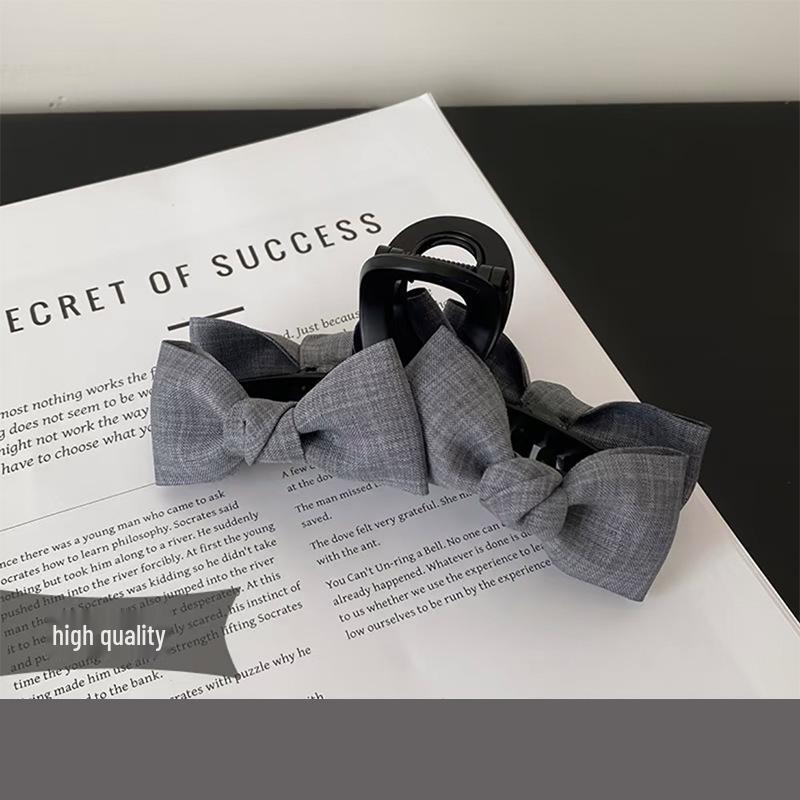 Grey Double Bow Claw Clip - Elegant Large Fabric Hair Accessory
