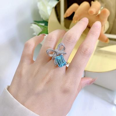 Fashion 18K White Gold 9*12MM Aquamarine Sapphire Faceted Gemstone Ring Anniversary 925 Sterling Silver Fine Jewelry