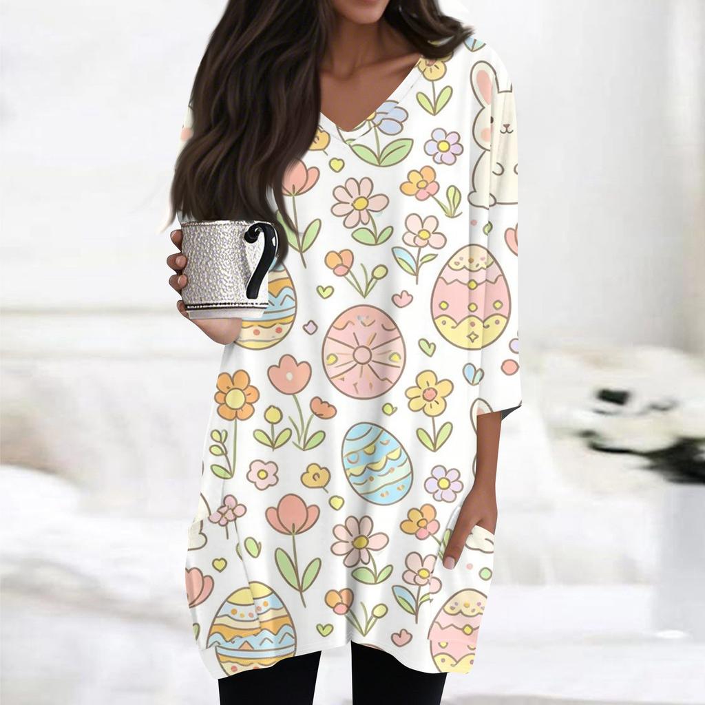 Womens Tops V-neck 3/4 Sleeve Blouses Casual Mid-length Shirts Fashion Print Tunic Tops With Pockets