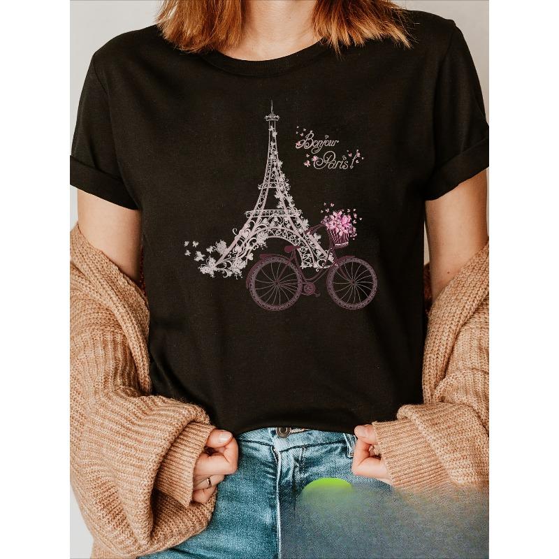 Европейский размер Цветок Велосипед Эйфелева башня, Футболка с принтом, с короткими рукавами и круглым вырезом, Повседневный топ для лета и весны, Женская одежда S