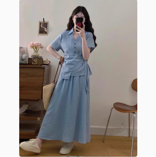 

Летняя мода 2025 года, костюм-двойка: Футболка с коротким рукавом и миди-юбка А-силуэта для девочек-подростков S (Recommended for 75-90 Jin) синий