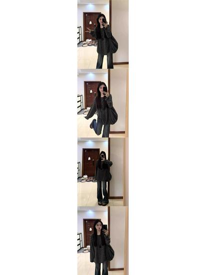 Women's Retro Black & Gray Striped Long-Sleeve T-Shirt - Korean Style, Loose Fit, Early Autumn Collection