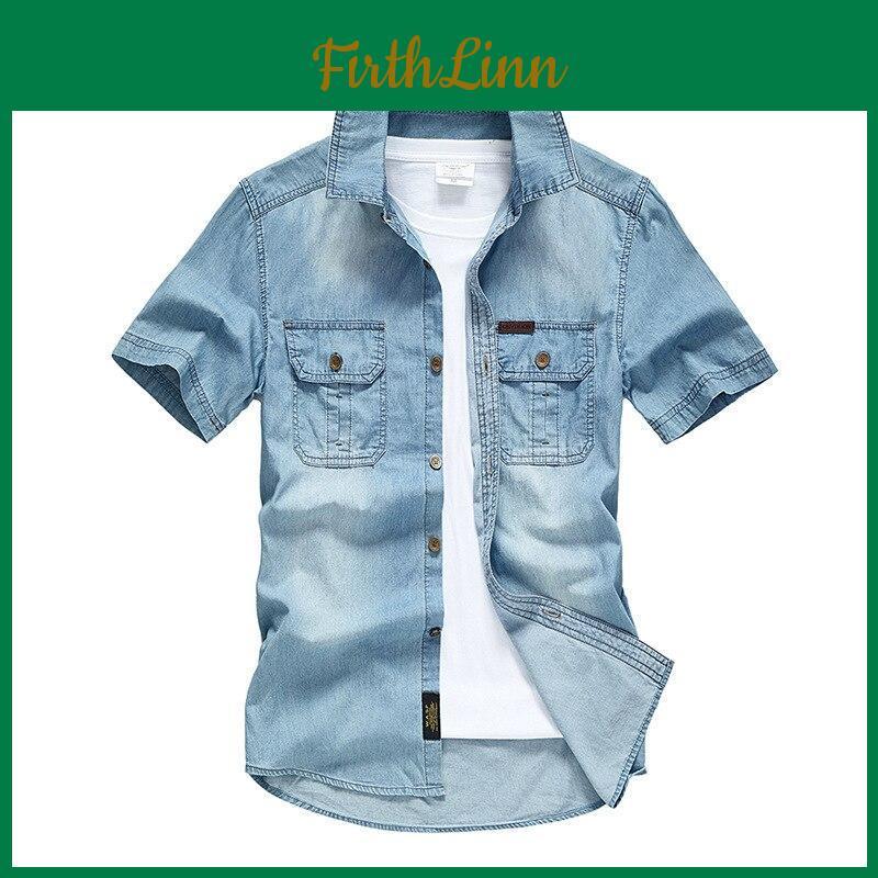 Shirt Summer Denim Men Casual Cotton Short Sleeve Mens Dress Shirts