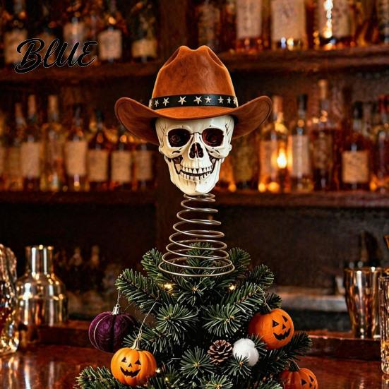 Creative Holiday Tree Topper Gothic Skull with Cowboy Hat Vintage Western Dark Retro Christmas Decor Skeleton Ornament for Halloween Spooky