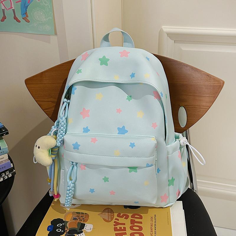 Cute Colorful Star Patterned Student Lightweight Backpack With Plush Pendant For Casual Use
