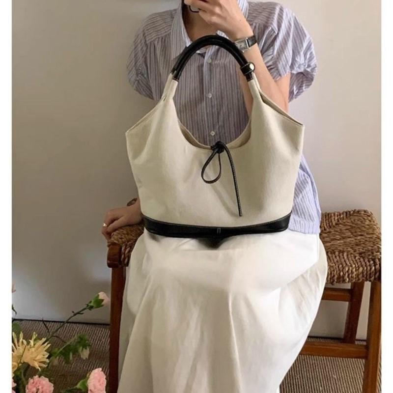 Harajuku  Handbag Women Fairy Core Bow Chic Patchwork Casual Shoulder Bags Female Vintage Beige Canvas Underarm Bag