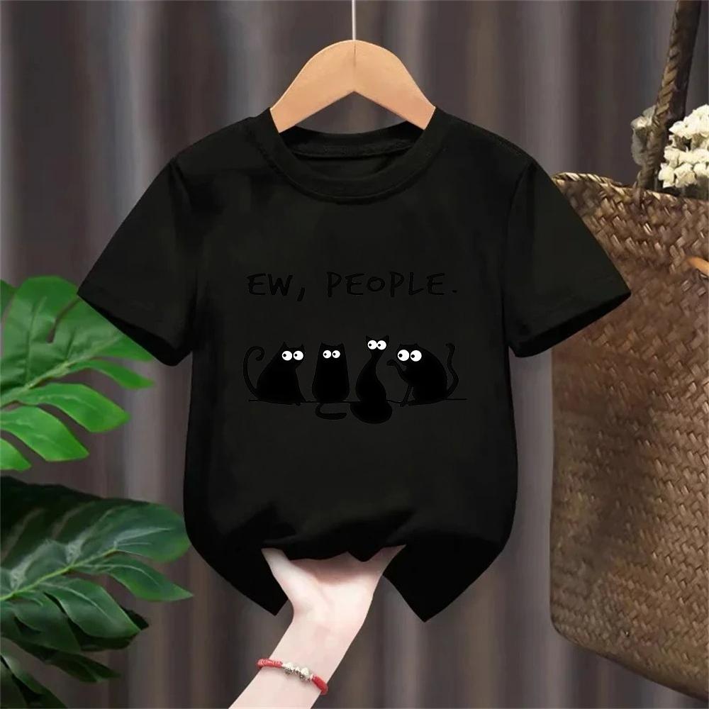 EW PEOPLE Letter Print Kids TShirt Summer Childrens Pure Cotton Shortsleeved Casual Tops Boysgirls Gifts Black Cat Pattern