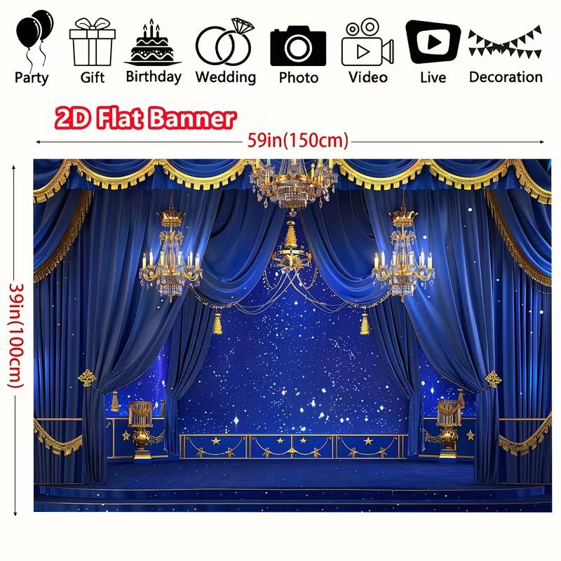 Telo Banner per Palco Lussuoso 2D Blu Oro Tende e Lampadari Decorazione