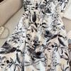 Seaside vacation style French stunning suspender ink printing V-neck summer loose lazy wind knee dress