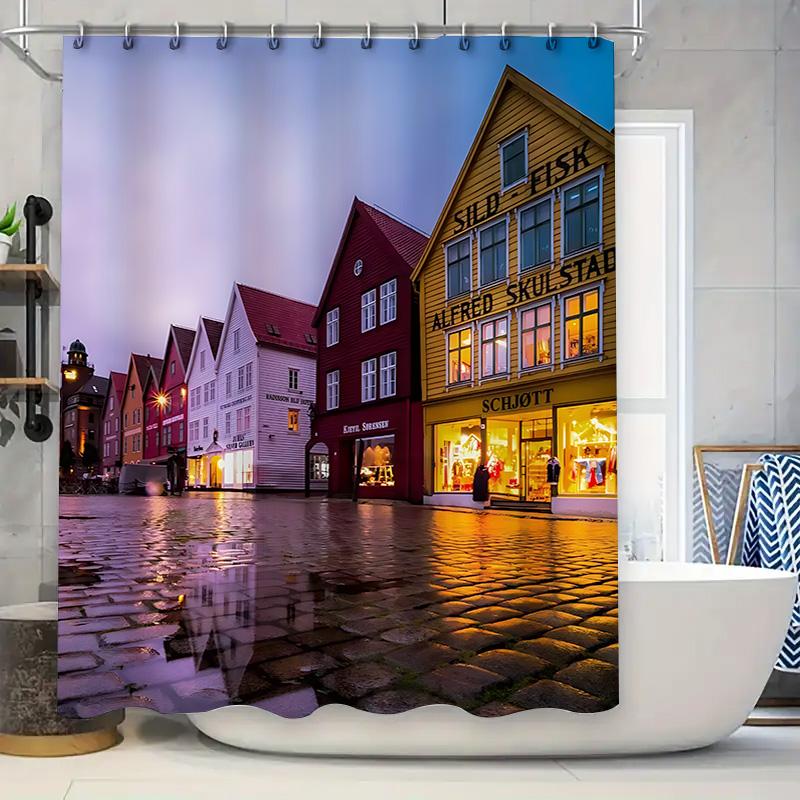 Dunika Chen Charming European Street Scene Shower Curtain - Vibrant Colors And Historic Architecture Waterproof Durable Rustproof Hooks