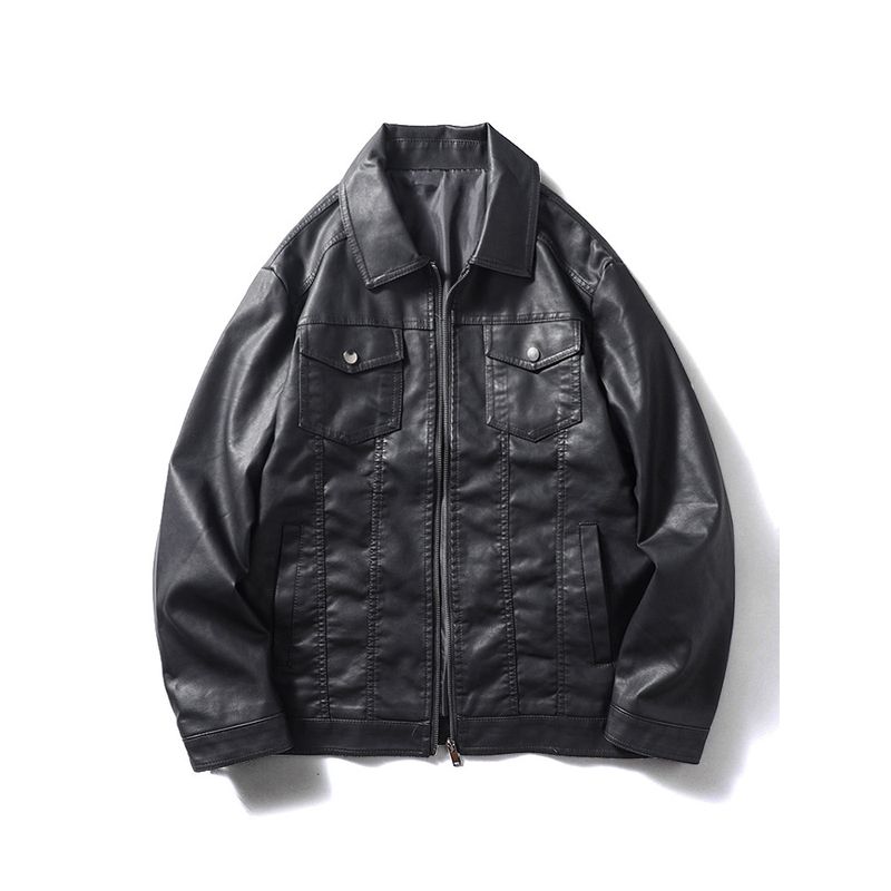 American Retro Biker s Leather Jacket Coat Men s Short Spring and Autumn Leisure Lapel Leather Jacket Export Men s Wear Workwear Jacket Black XL