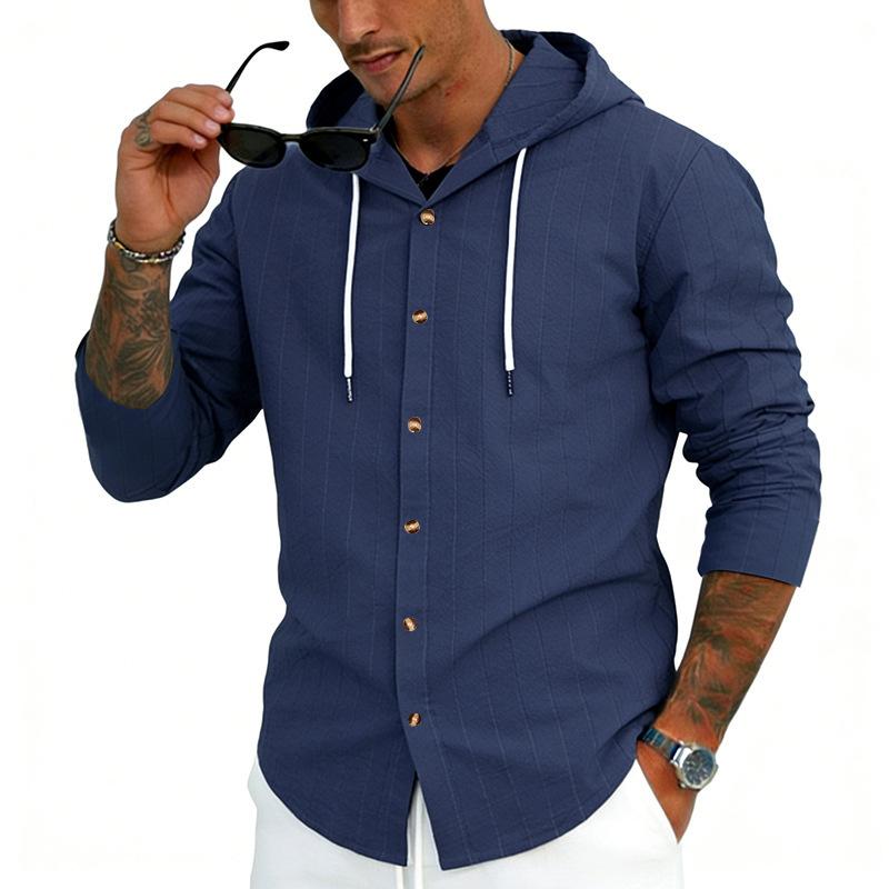 Men’s Linen Hooded T-Shirt, Casual Breathable Striped Shirt, Cardigan, Trendy Loose-Fit Top