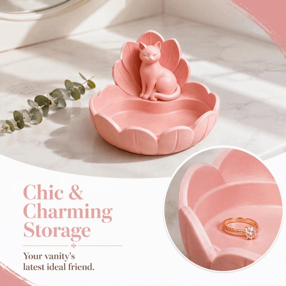 Lotus Shape Jewelry Storage Tray Cute Cat Figurine Holder New Trinket Dish  Vanity Table Decor
