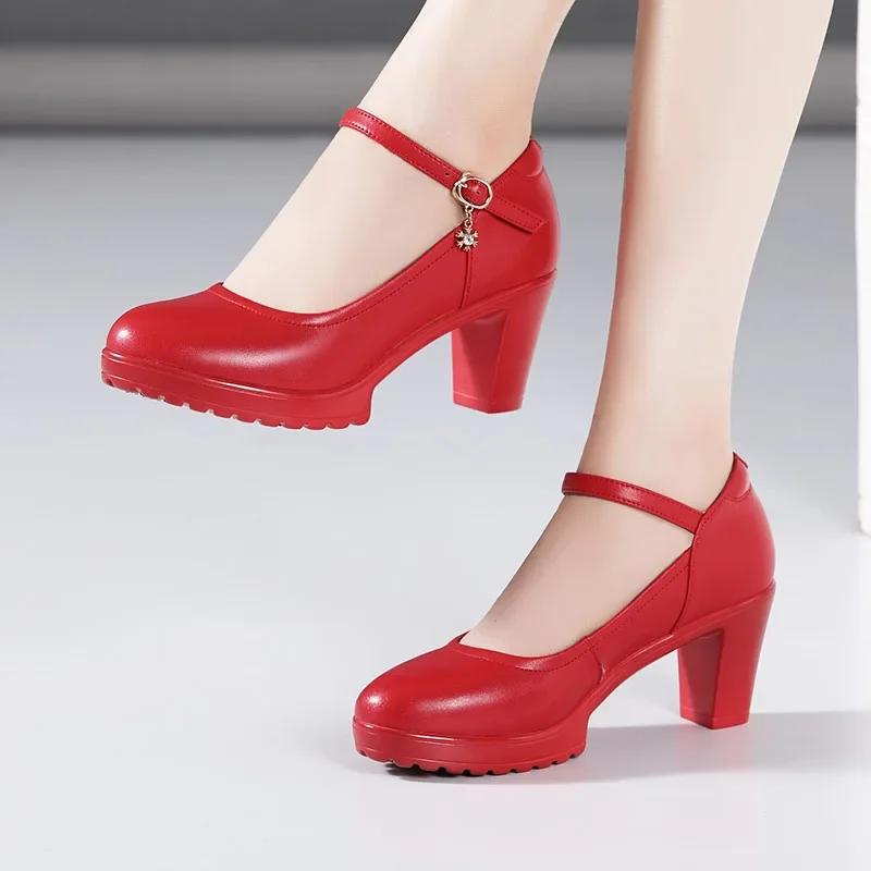 Fashion Cowhide Women's High Heel Shoes with Heels Platform Mary Jane Shoes Women Pumps Office Work Shoe Women's Wedding Shoes 32-43