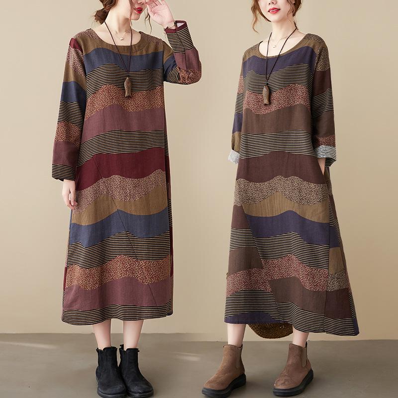 

Artistic Temperament Cotton Linen Round Neck Long Sleeve Casual Dress for Women Large кавовий