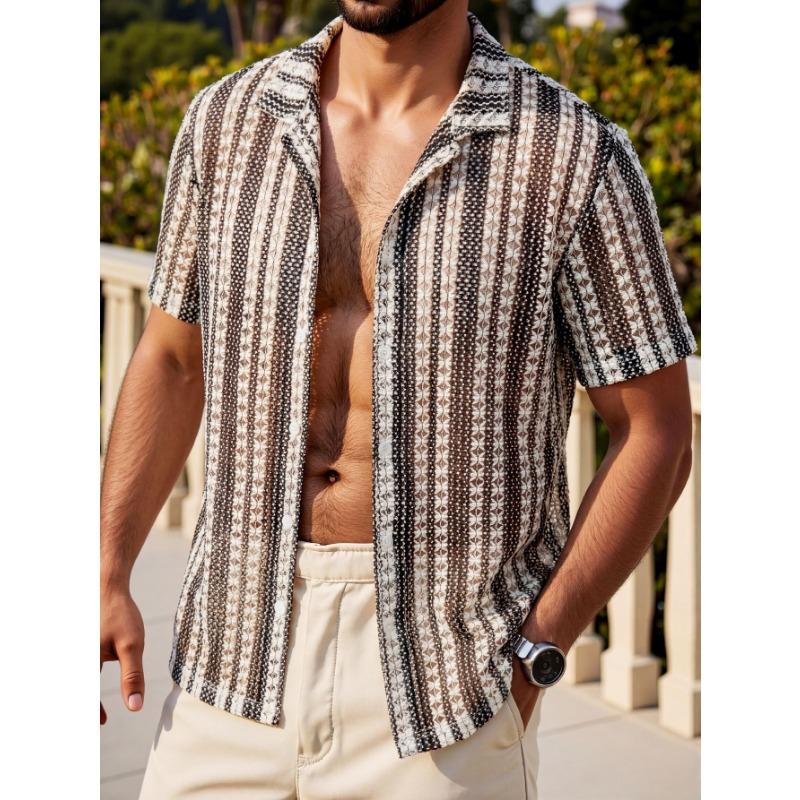 Mens Striped Sheer Mesh Short Sleeve Cuban Collar Shirt
