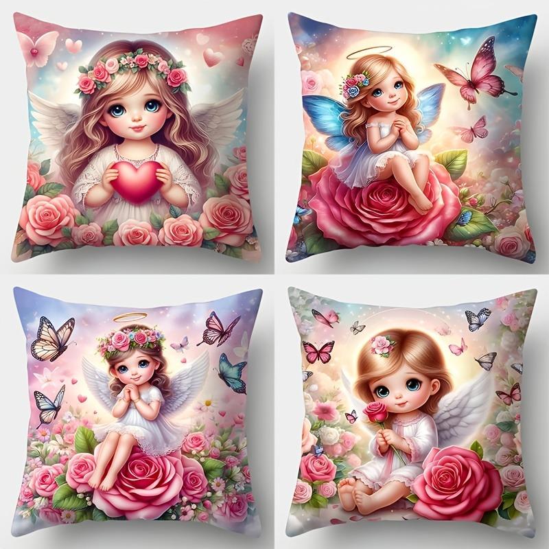 1/4pcs Valentine's Day Pillowcases: Adorable Angelic Girls with Roses and Butterflies Sofa cushion cover home bedroom decoration
