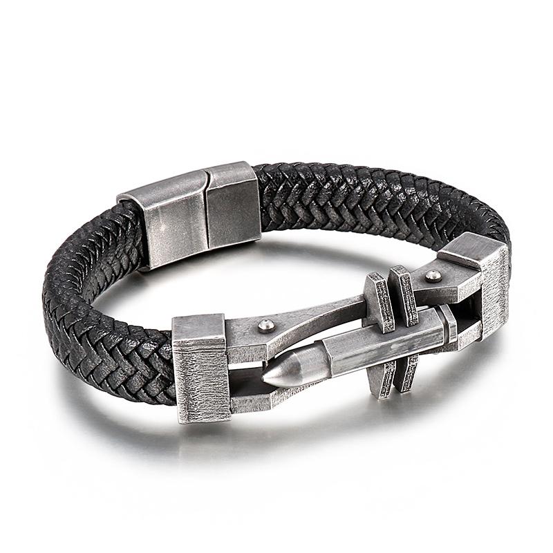 Leather Wristband for Man Bracelet Men Ancient Black Stainless Steel Simple Design Men's Wrap Bracelets Engraving Guests Gift