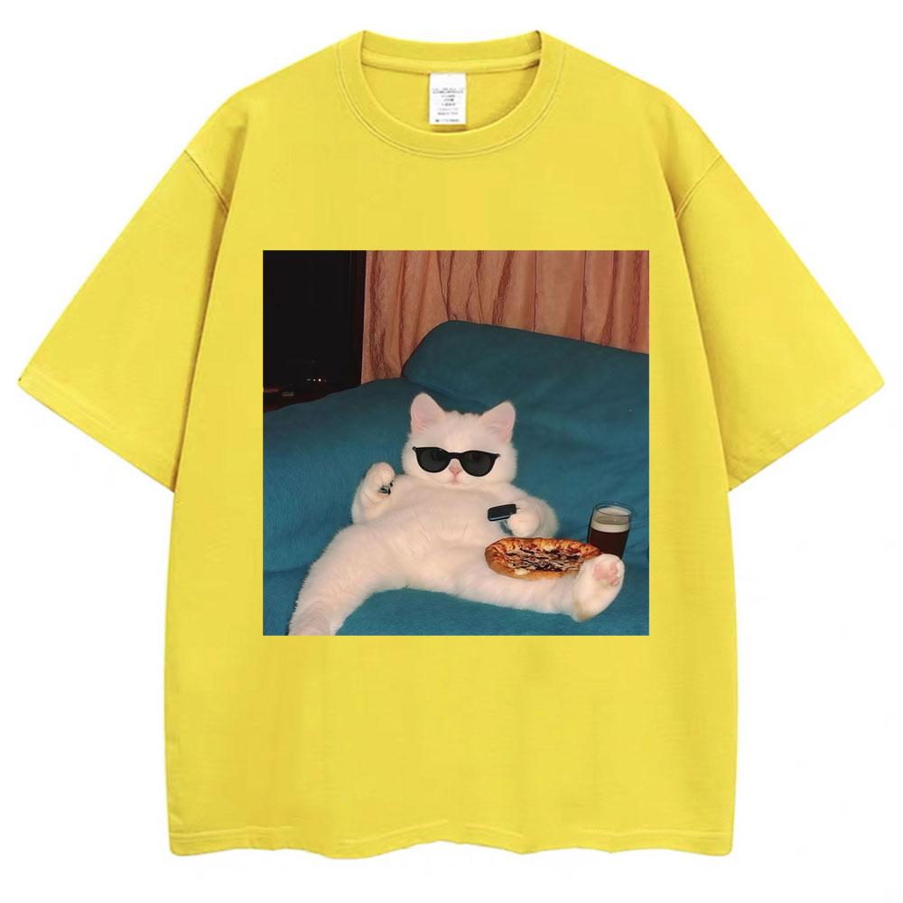 

Смешные очки Кот и Пицца Футболка Женская Креативность Мода Каваи Футболки Повседневные Футболки Подарки для Любителей Кошек Графические Футболки S