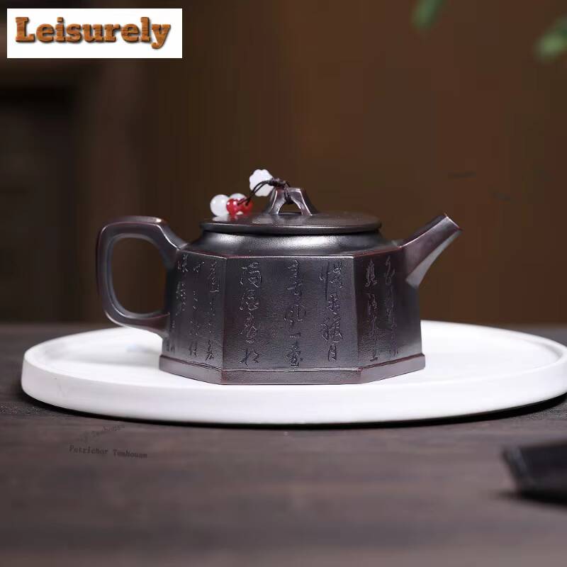 181ml Aesthetic Yixing Purple Clay Teapots Handmade Calligraphy All Directions Pot Raw Ore Bronze Mud Tea Making Kettle Zisha