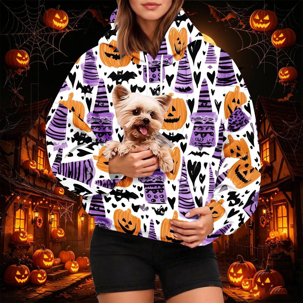 Dámská módní mikina s kapucí a potiskem na Halloween s kapsou na mazlíčka, ležérní mikina