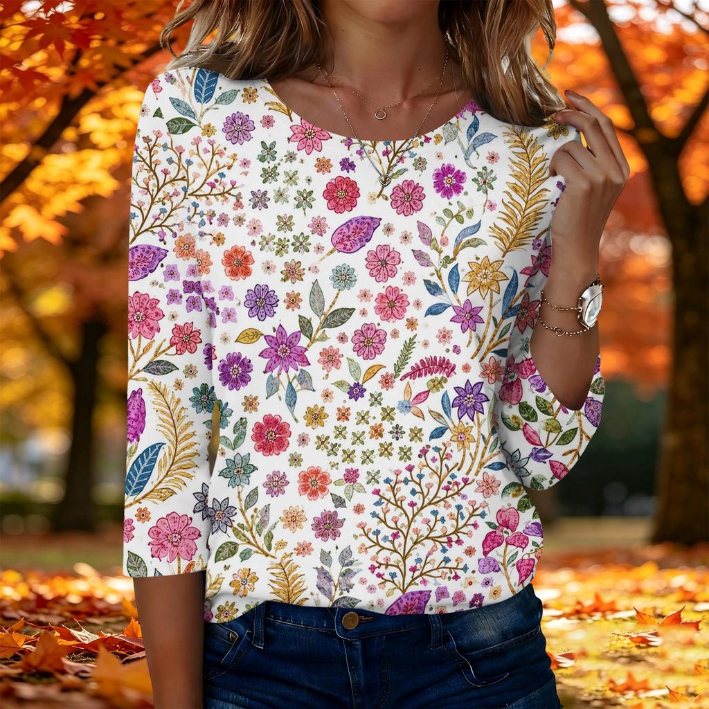 Top da donna casual alla moda a maniche a tre quarti con stampa floreale e girocollo