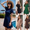 Spring and Summer Solid-color Hollow Lace Short-sleeved Round-neck Pleated Dress