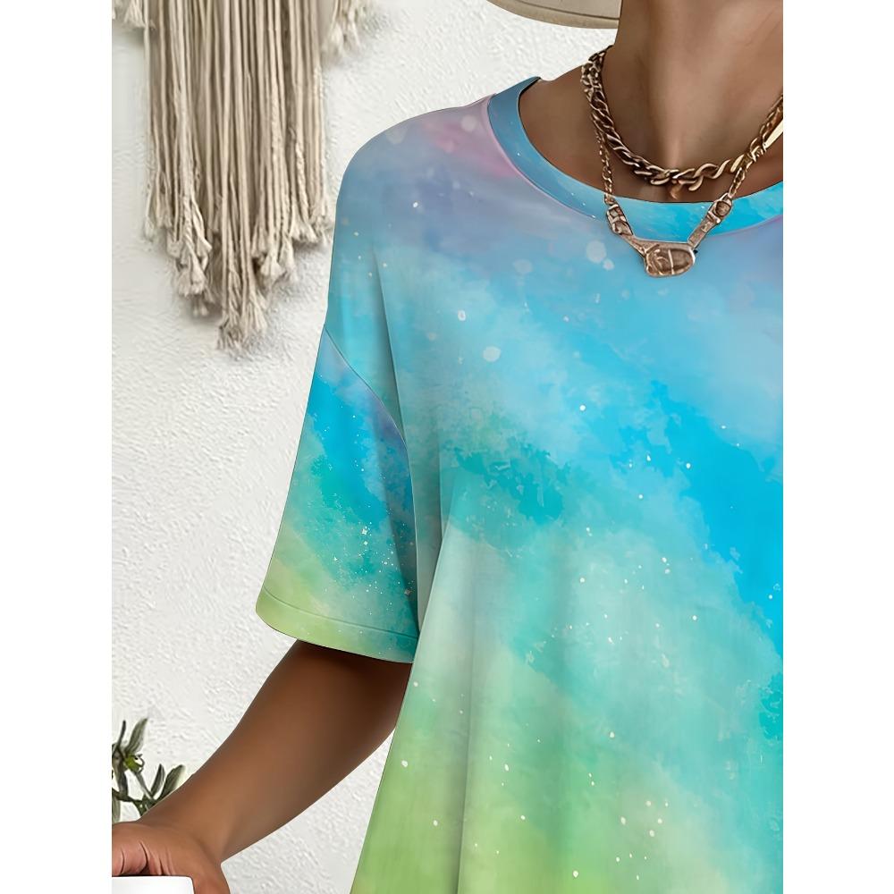Women'S Loose Fit Short-Sleeve T-Shirt with Rainbow Galaxy Print, Featuring Front Pockets, Ideal for Daily Commuting