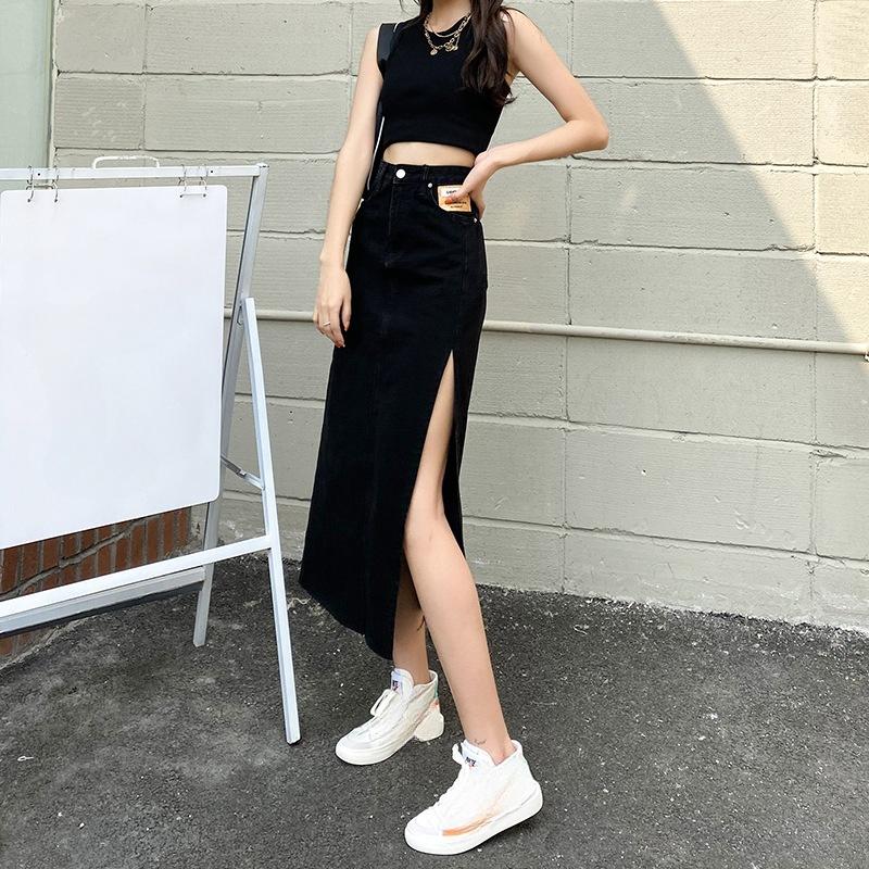 

Элегантная женская летняя женская юбка-бюстье с высокой талией и открытыми боками, тонкая повседневная, средней длины, универсальная, удобная, модная, джинсовая юбка XXL чёрный