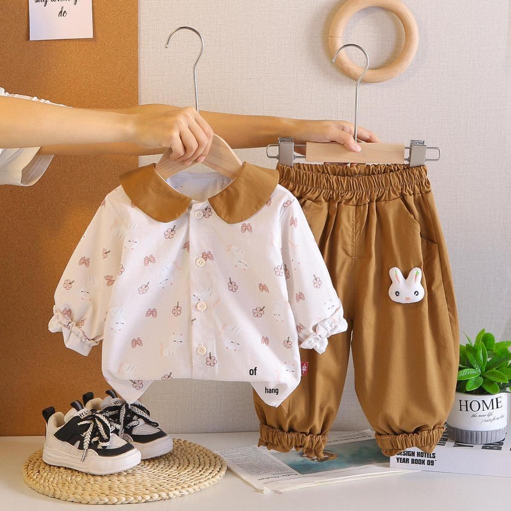 Infant Girls' Floral Cat Lapel Two-Piece Set - Long Sleeve Top & Casual Pants, Spring/Fall 2026