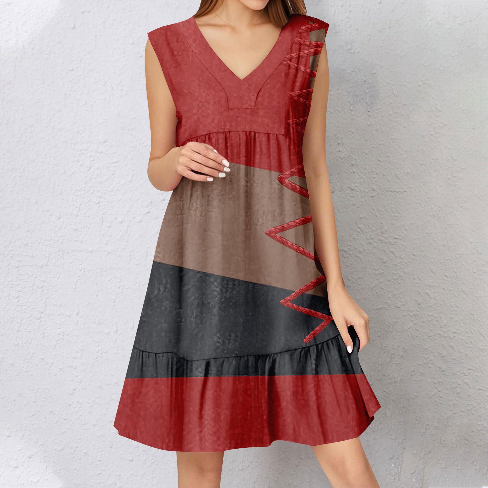 

Womens Summer Dress Sleeveless V Neck Printing Short Dresses Fashion Casual Flowy Boho Ruffle A Line Swing Sundress XXL