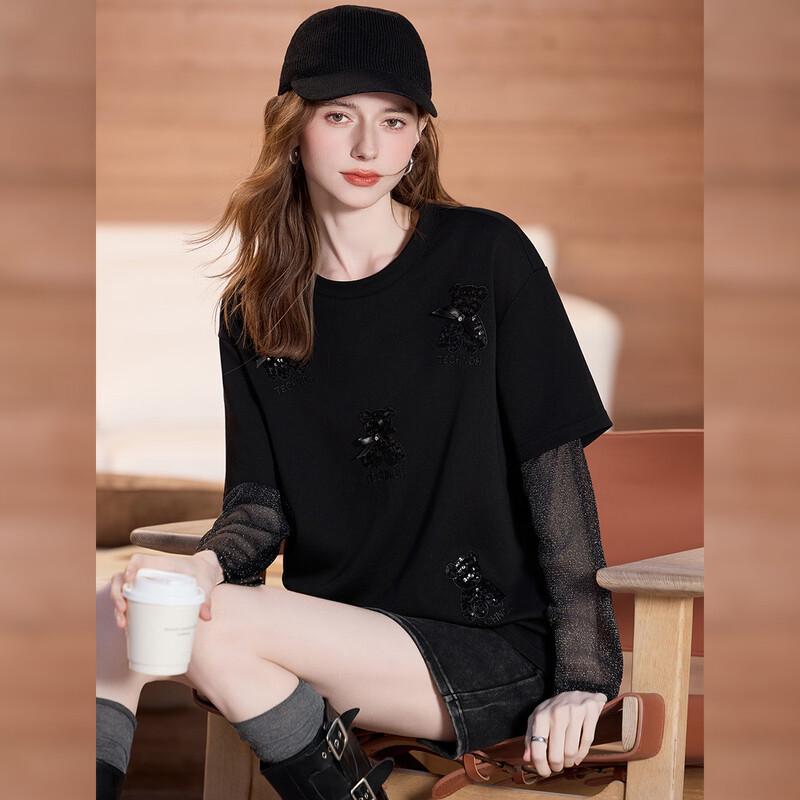 Bailuyu Women s Layered Look Bear Patch Long Sleeve T-Shirt S